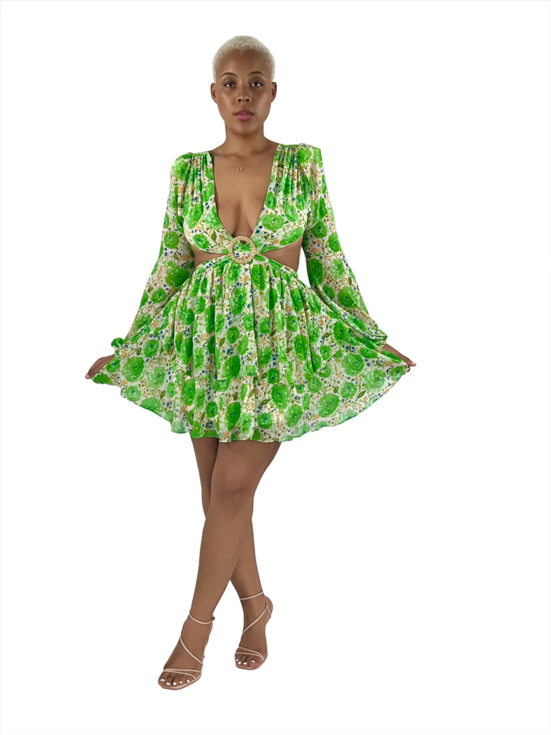 Floral green cut out mini dress