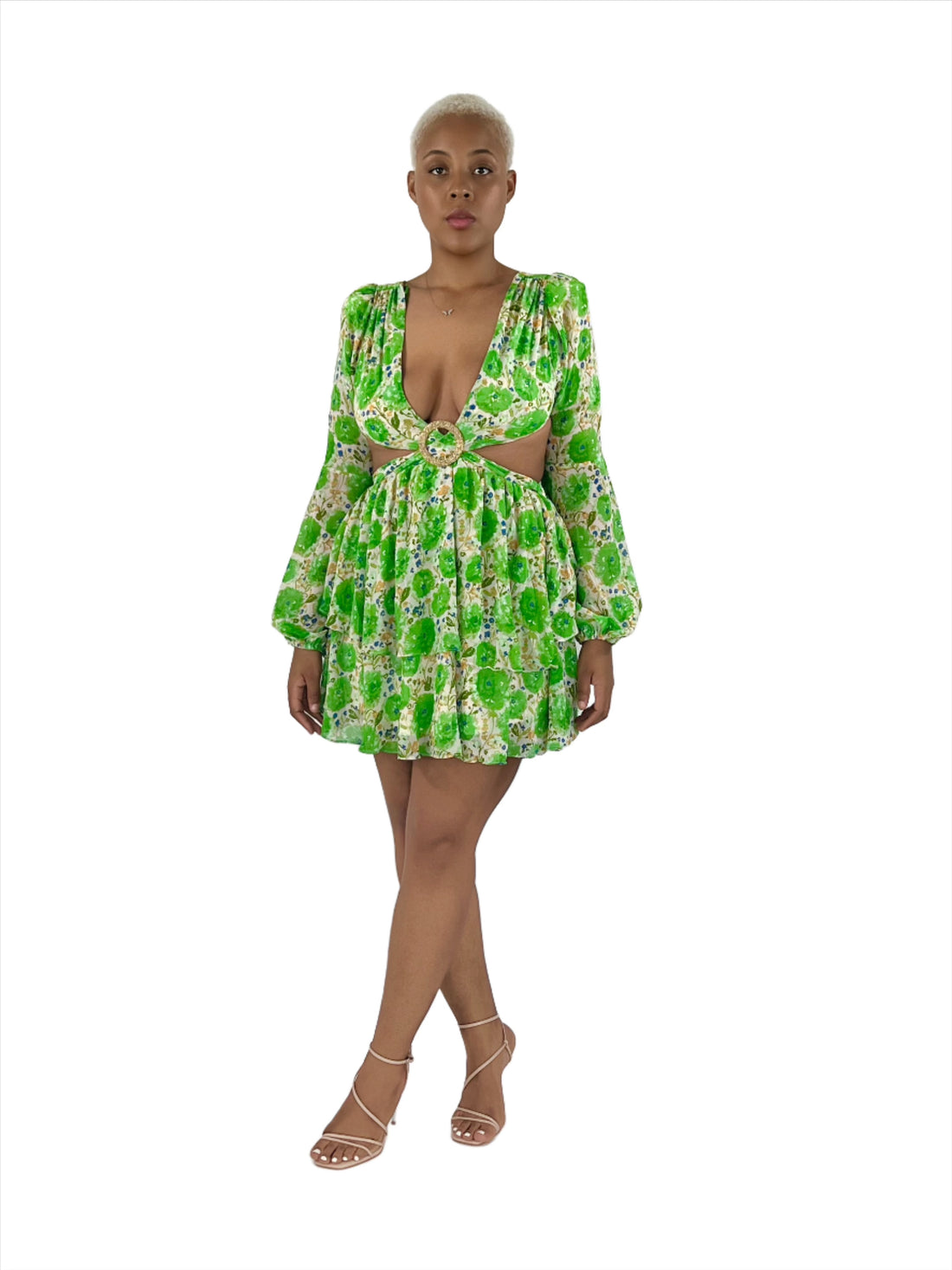 Floral green cut out mini dress