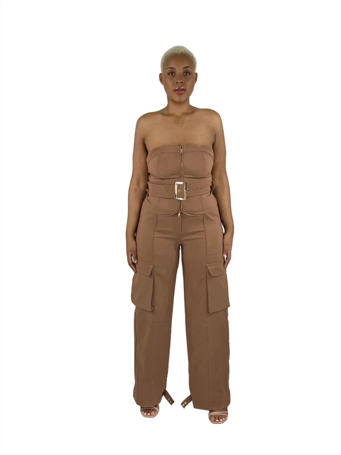 Ankle tie brown pant set with belt