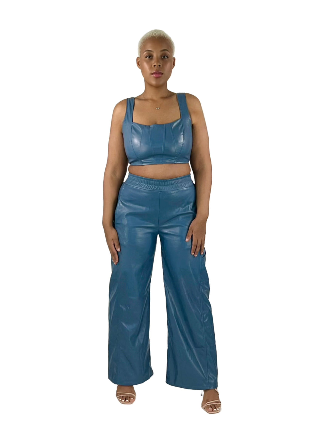 Slate Blue Pleather pant set (3pc)