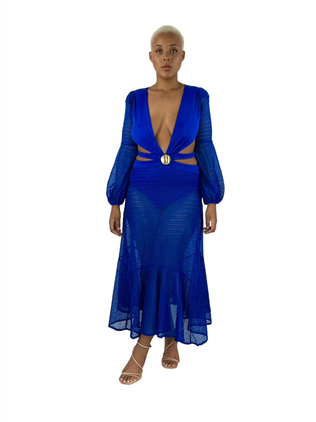 Blue mesh bodysuit maxi dress